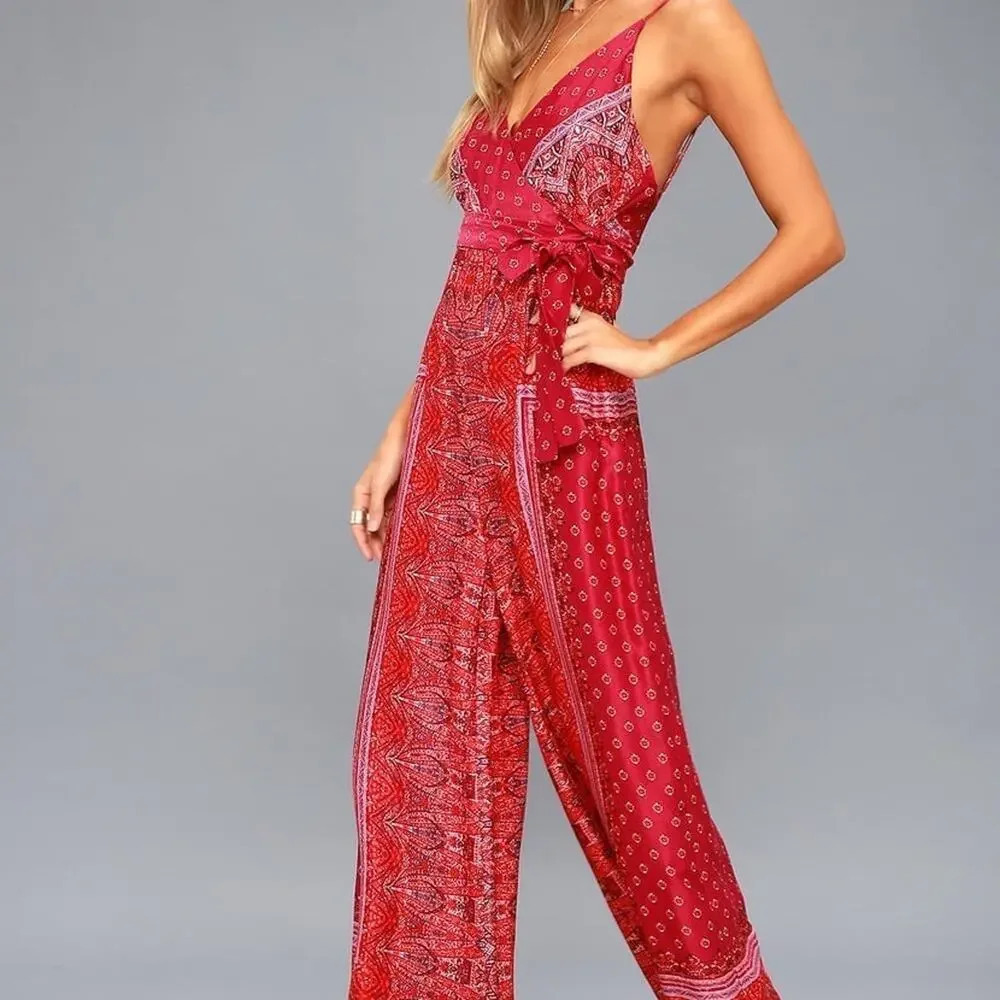 Free People Red Paisley Wrap Jumpsuit
